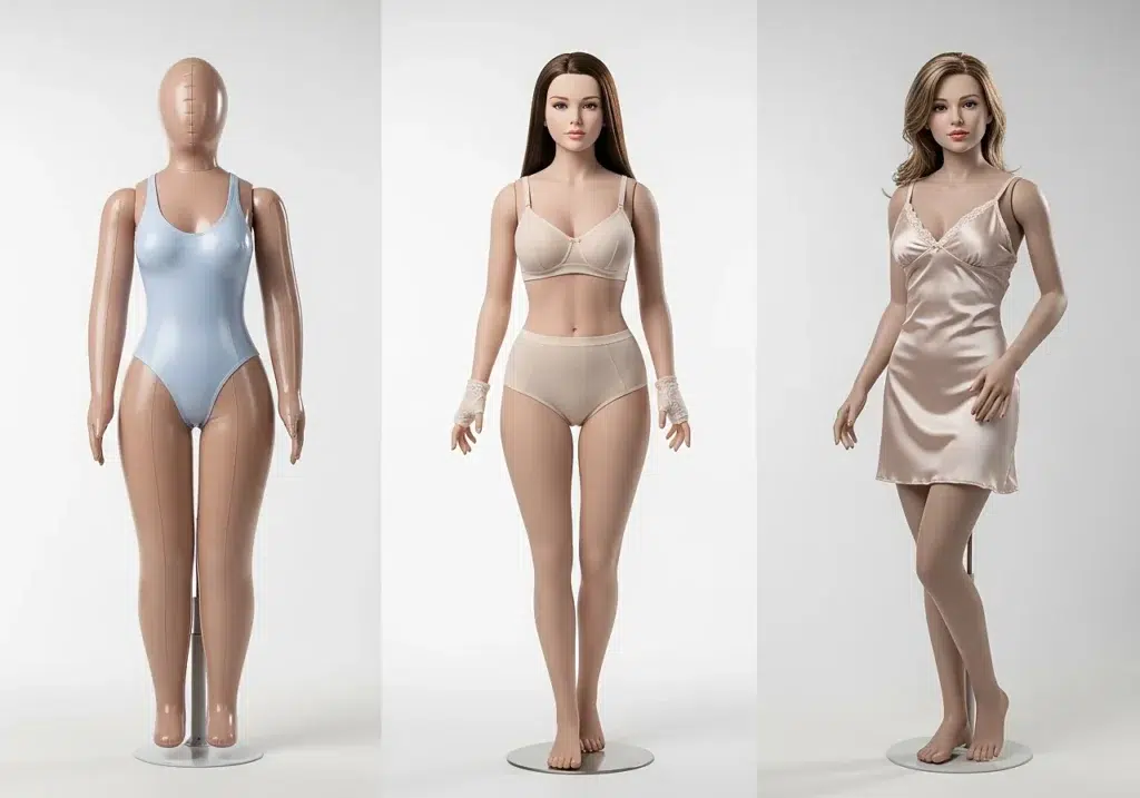 Comparatif visuel en studio entre une poupée gonflable, une sexy doll TPE et une love doll silicone réaliste d’apparence adulte