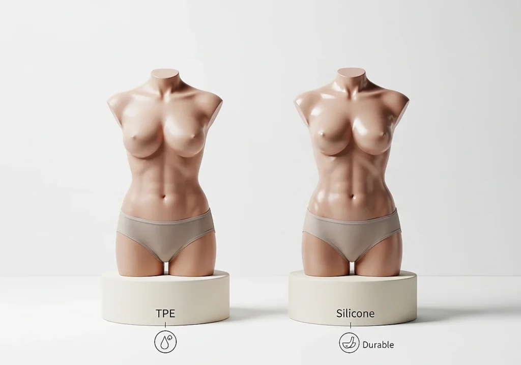 Comparatif visuel entre sexy doll TPE et poupée sexuelle en silicone sur socles, mise en avant des différences de matière