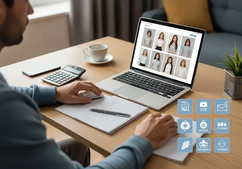 Homme adulte comparant en ligne différents modèles de sexy dolls réalistes d’apparence adulte à l’aide de critères comme le prix, la taille et les matériaux