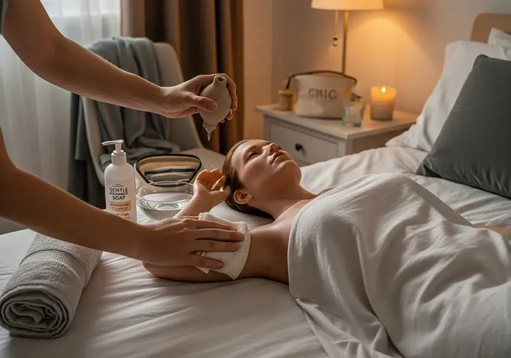 Nettoyage soigneux et hygiénique d’une sexy doll réaliste d’apparence adulte avec gants, savon doux et serviettes propres