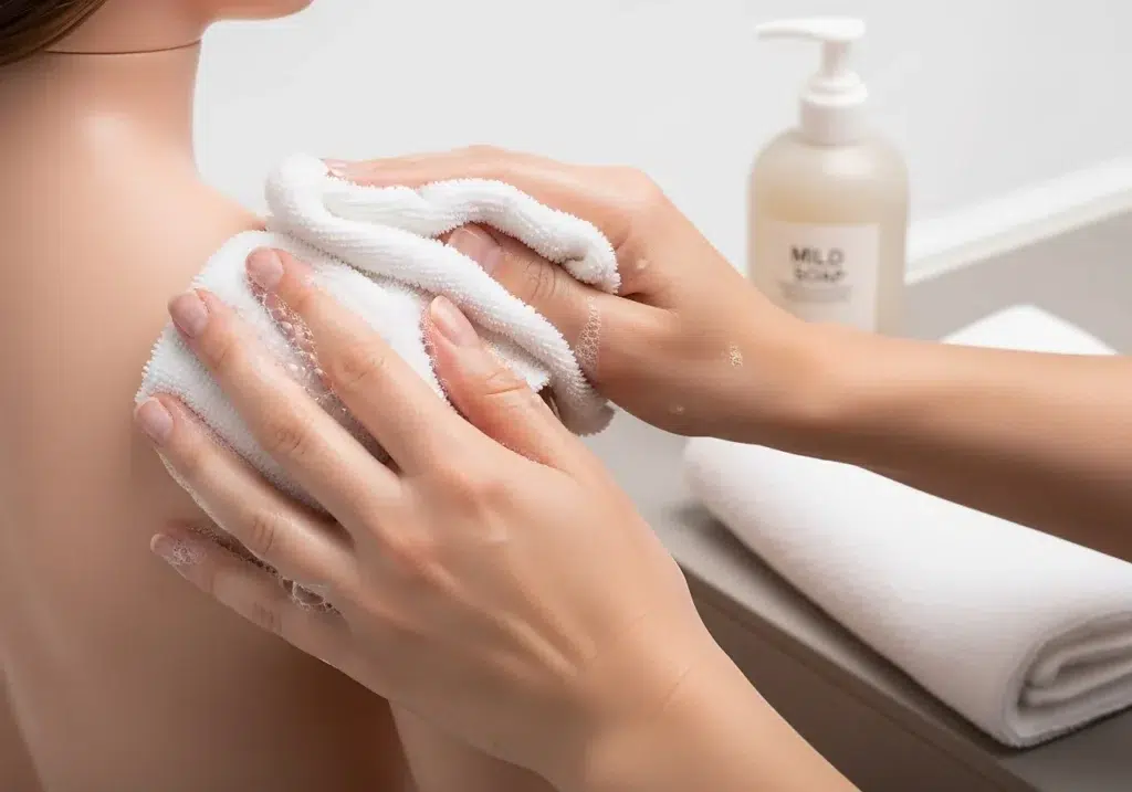 gros plan sur le nettoyage doux d’une poupée silicone avec de l’eau et un savon neutre pour illustrer l’entretien et l’hygiène