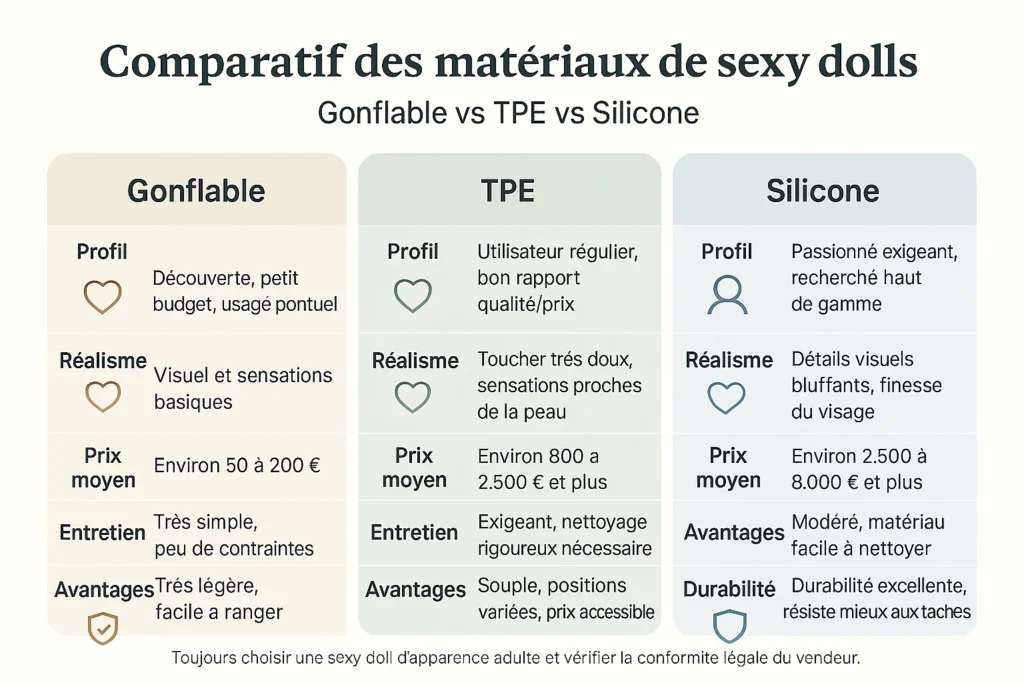 Infographie en français comparant les matériaux de sexy dolls gonflables, TPE et silicone sur le réalisme, le prix, l’entretien et la durabilité