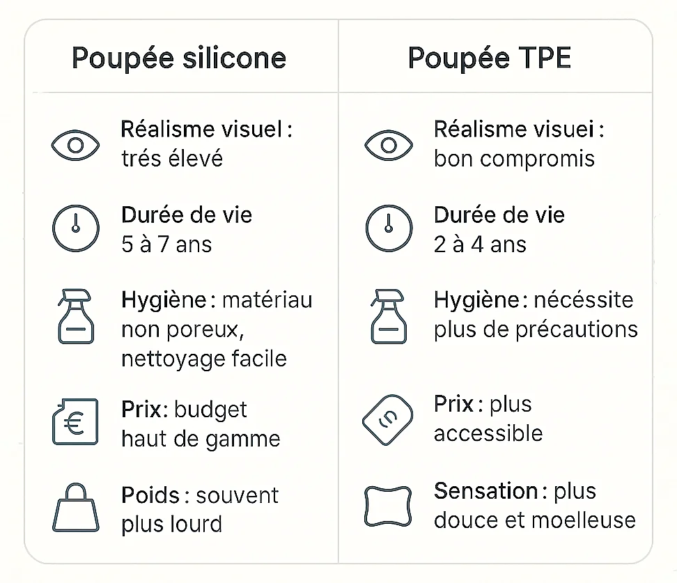 infographie en français comparant poupée silicone et poupée TPE avec les différences de réalisme, prix, hygiène et durée de vie pour aider à choisir