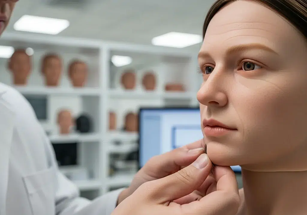 gros plan d’une poupée silicone réaliste examinée par une technicienne dans un atelier moderne pour illustrer la définition d’une poupée silicone de qualité médicale