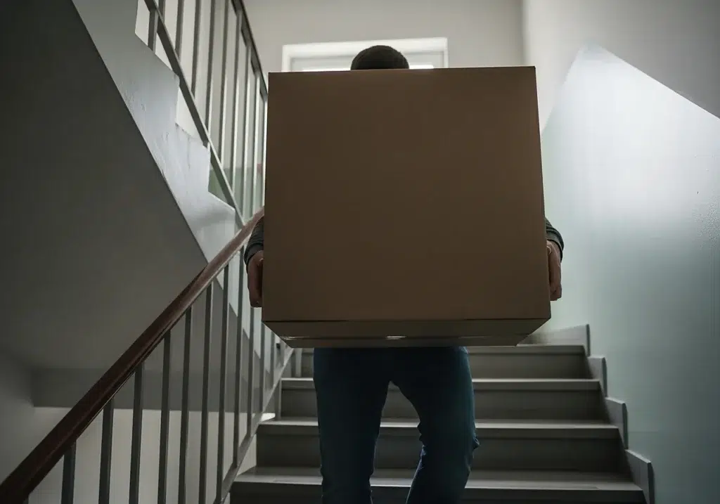 photo d’une personne portant un grand carton neutre dans un escalier pour illustrer le poids et la livraison discrète d’une poupée silicone