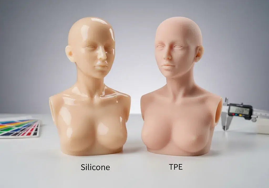 comparaison visuelle de deux poupées réalistes en silicone et TPE montrant la différence de finition et de texture de peau