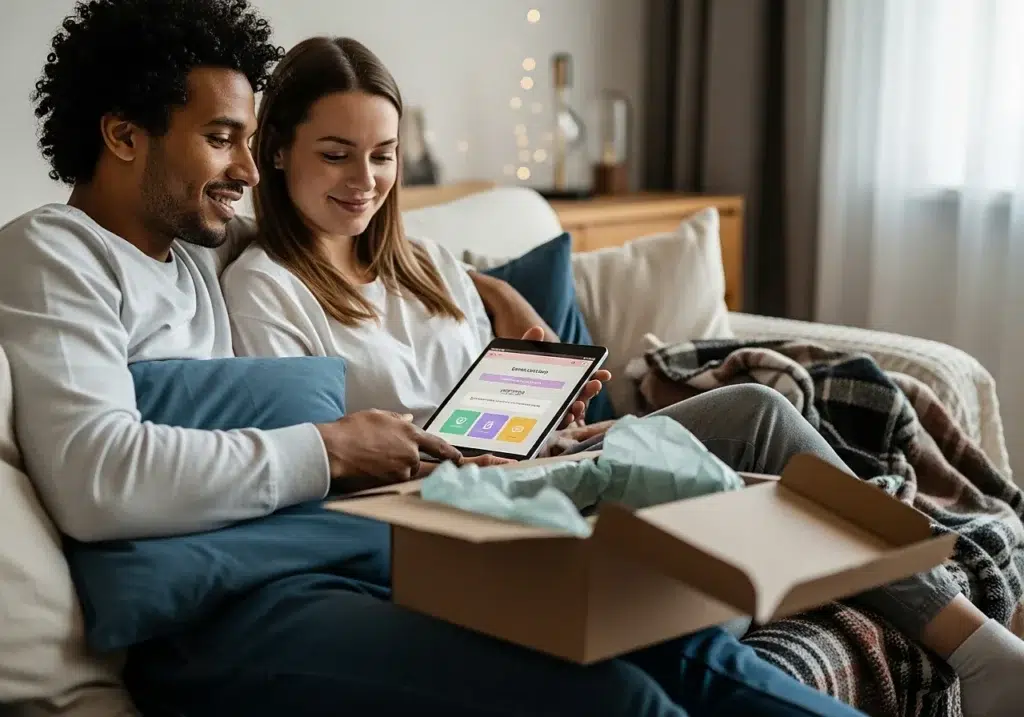 Couple adulte complice ouvrant un colis discret tout en consultant un love shop en ligne pour choisir la bonne boutique sexe selon leur profil