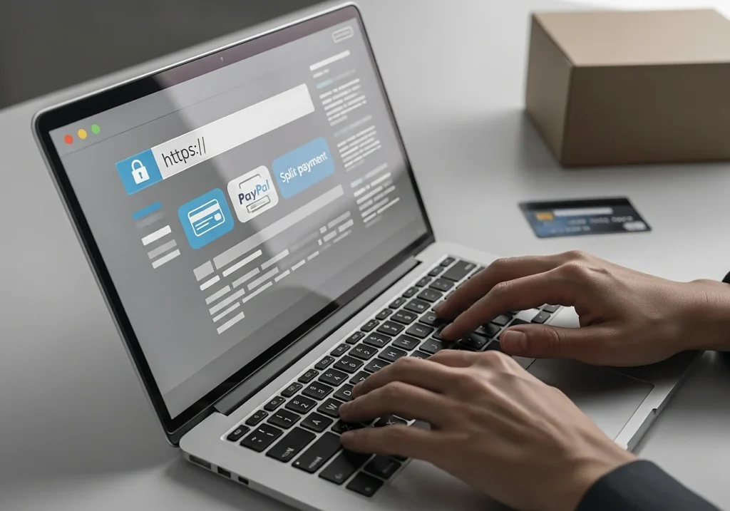 Gros plan sur un site de boutique sexe en ligne sécurisé en https avec icône de cadenas et différents modes de paiement affichés