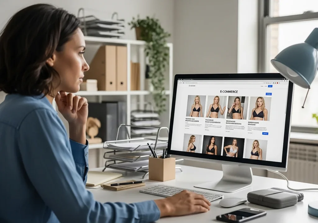 personne adulte vérifiant en ligne la légalité et le sérieux d’un vendeur de poupées sex sur un ordinateur de bureau