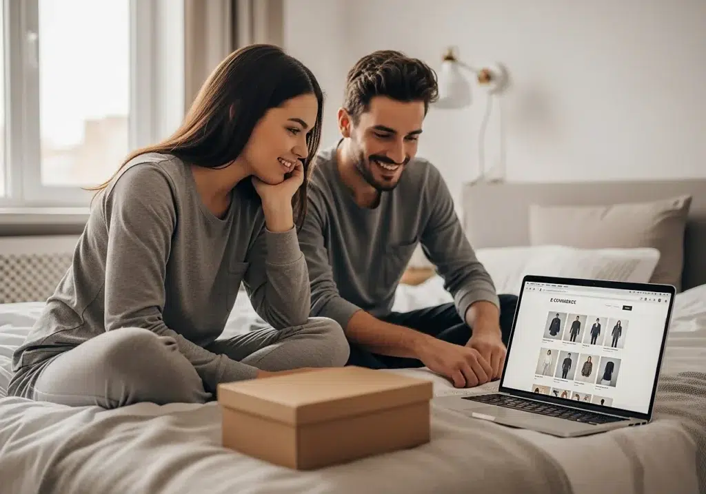 Couple sur un lit comparant en ligne différents modèles de poupée gonflable homme pour EVJF, usage solo ou en couple