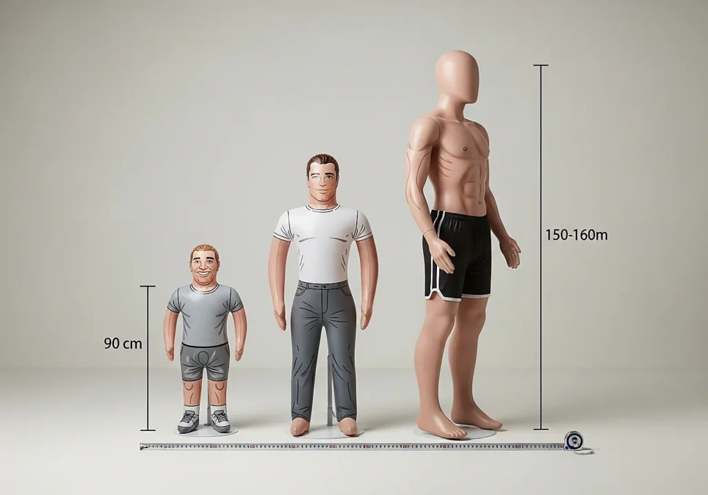 Comparatif visuel de plusieurs tailles de poupée gonflable homme, du modèle EVJF 90 cm à la poupée taille réelle pour illustrer les différents types de poupées gonflables hommes