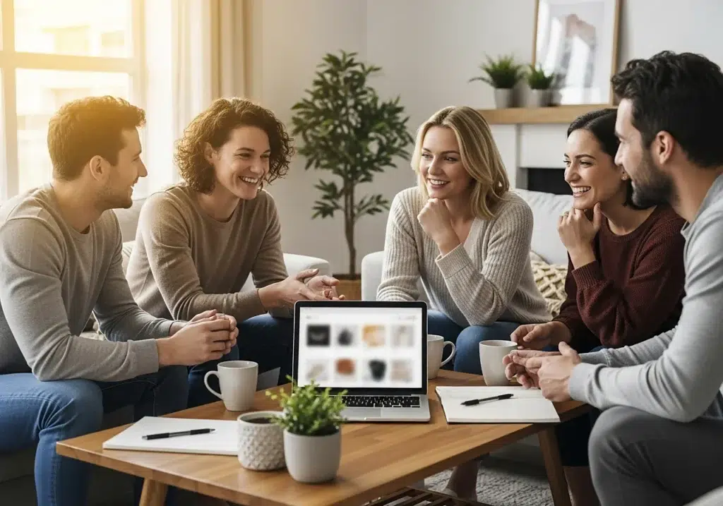 Groupe d’adultes diversifiés consultant ensemble un sexeshop en ligne inclusif dans une ambiance détendue