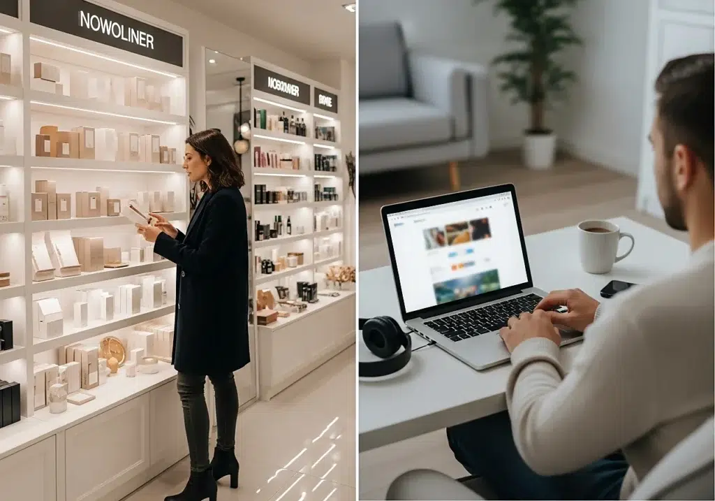 Comparatif visuel entre sexeshop physique moderne et sexeshop en ligne consulté discrètement depuis la maison